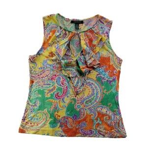 LRL Ralph Lauren Women's Large Bright Colored Paisley Summer Tank Ruffle Neck